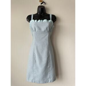 Vintage 90s Y2K Blue Tweed Mini Dress Coquette Boucle Ruffle Trim Size 8